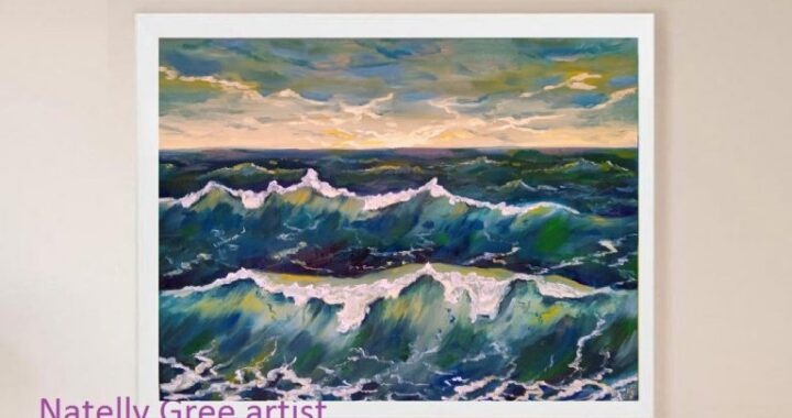 Sea Waves Oil Painting Blue Violet Seascape Canvas Original Art Coastal Storm Painting 