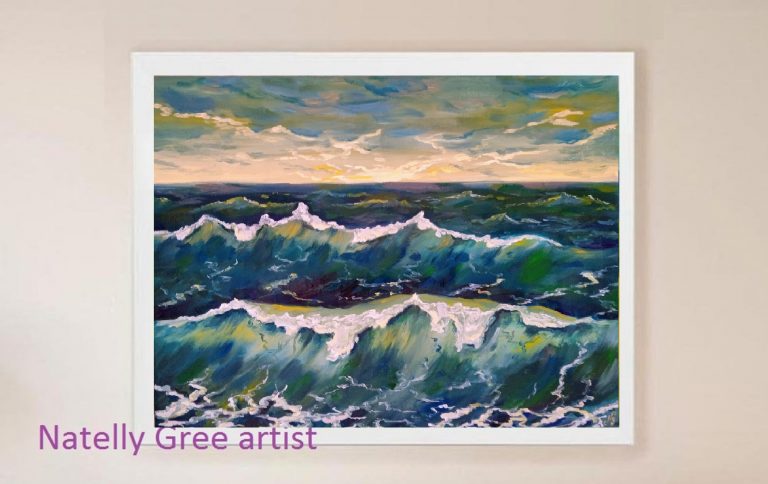 Sea Waves Oil Painting Blue Violet Seascape Canvas Original Art Coastal Storm Painting 