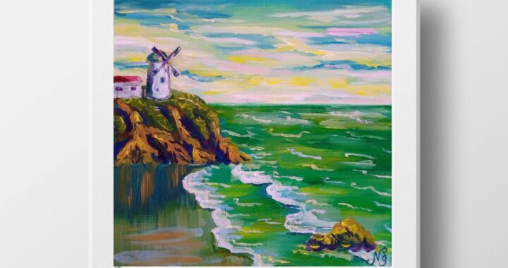 Sea Windmill Oil Painting Seascape Impasto Original Art Canvas Small Textured Impressionist