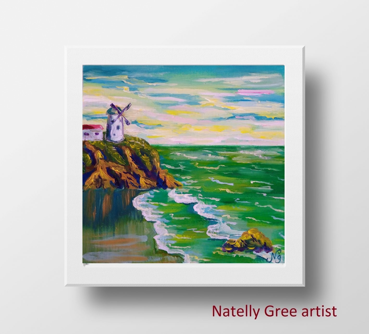 Sea Windmill Oil Painting Seascape Impasto Original Art Canvas Small Textured Impressionist