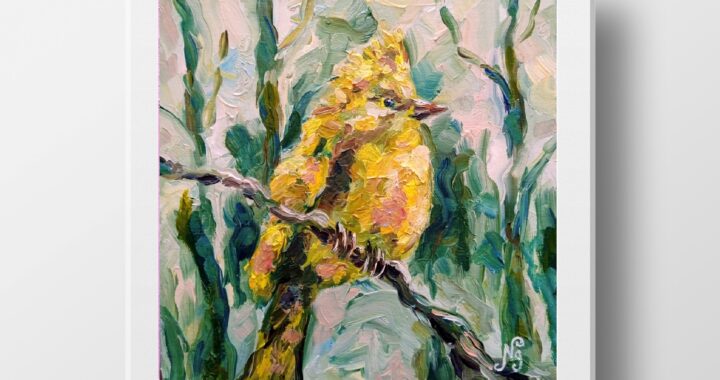 Yellow Bird Oil Painting Bird on Tree Original Art Little Funny Bird Portrait Impressionist