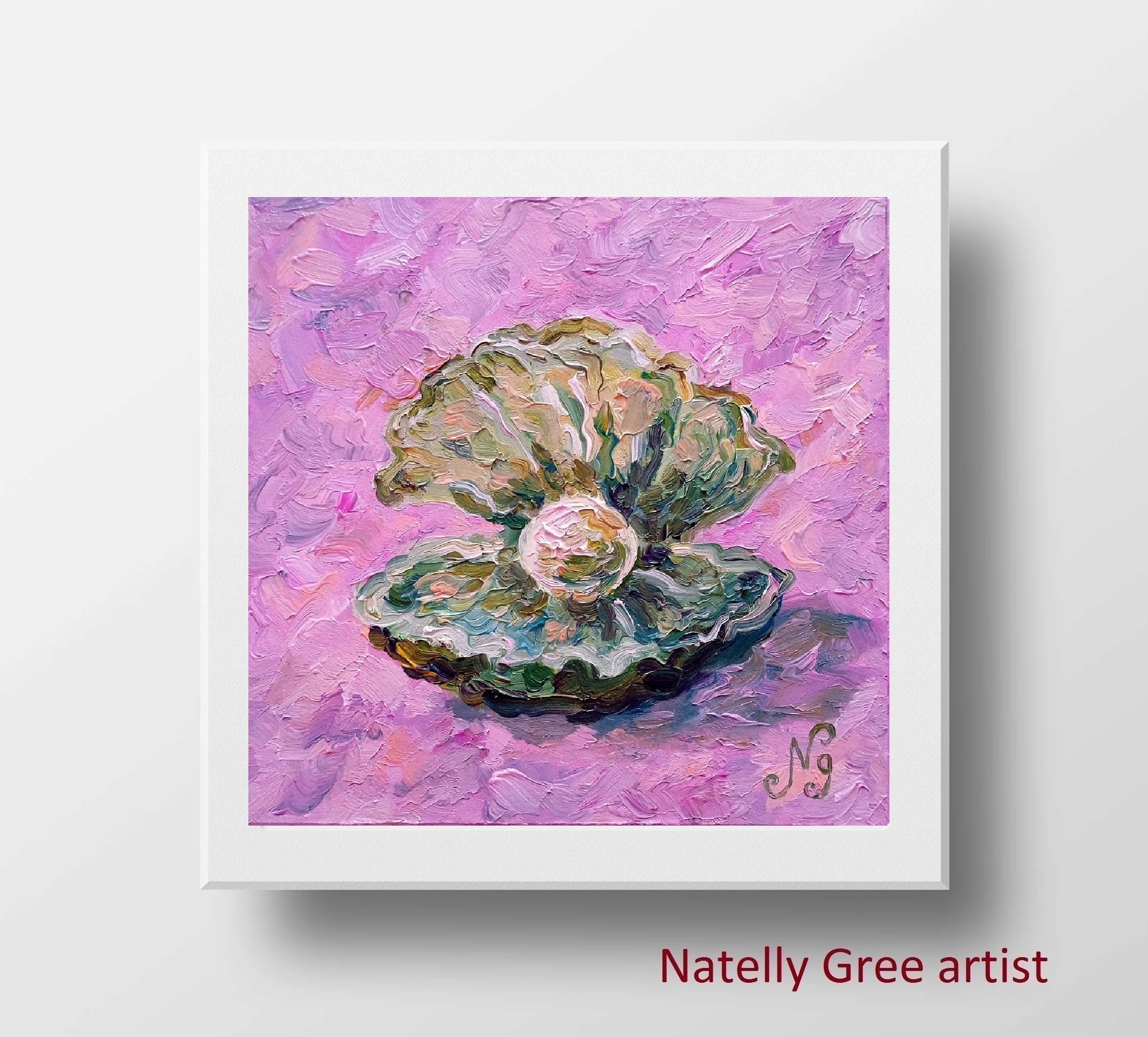Pearl Seashell Oil Painting Pearl Original Artwork Sea Shell Pearl Textured 6x6 Coastal Wall Art Pink Pearl Impasto Natelly Gree 15x15 Art