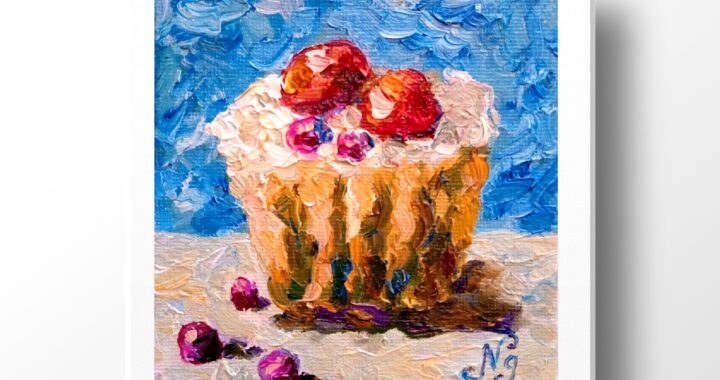 Tart Oil Painting Cupcake Original Art Canvas Cake Small Kitchen Wall Art Pastry Small