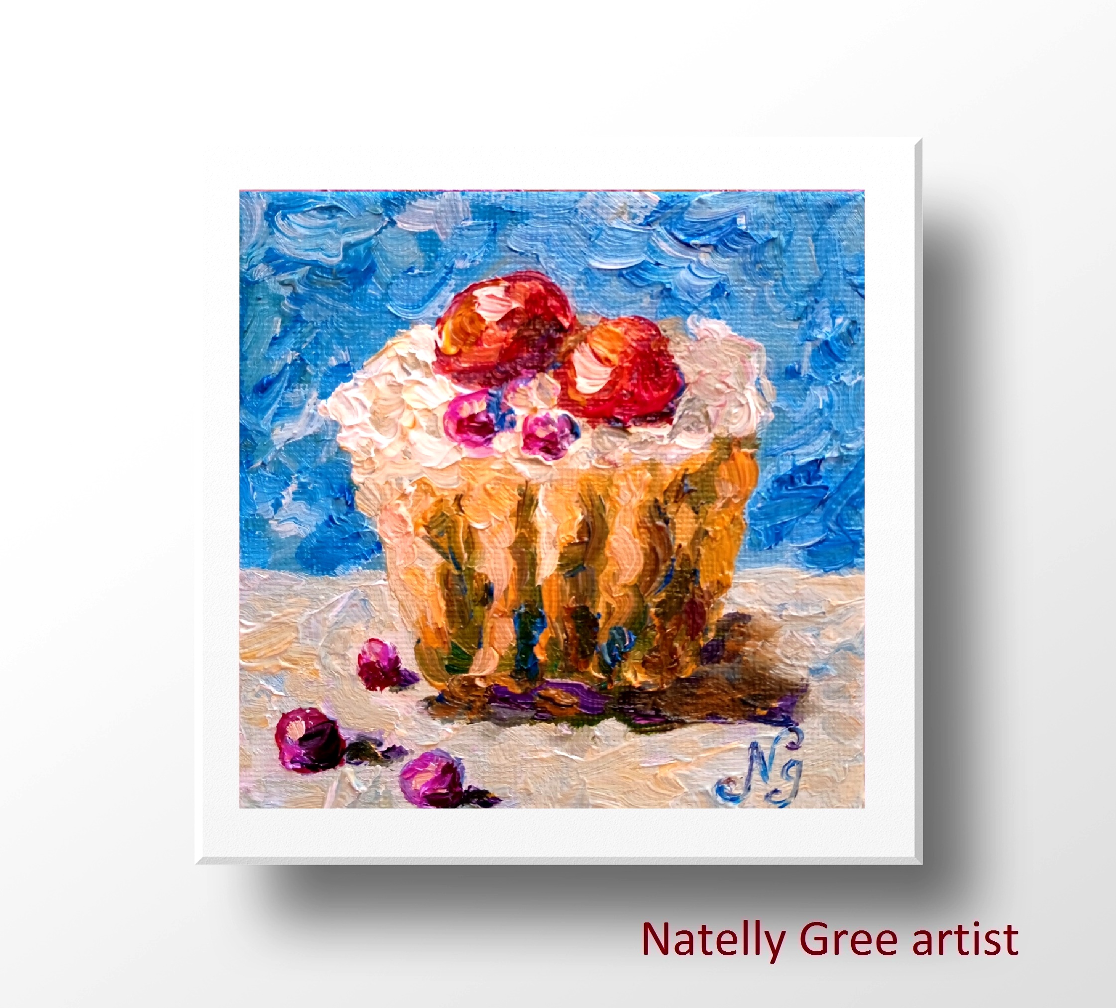 Tart Oil Painting Cupcake Original Art Canvas Cake Small Kitchen Wall Art 10x10 Food Art Still Life Canvas Pastry Painting 4x4 Natelly Gree
