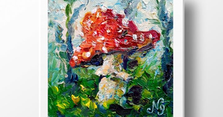 Mushroom Oil Painting Agaric Original Art Small Wall Art Impressionist Canvas Painting