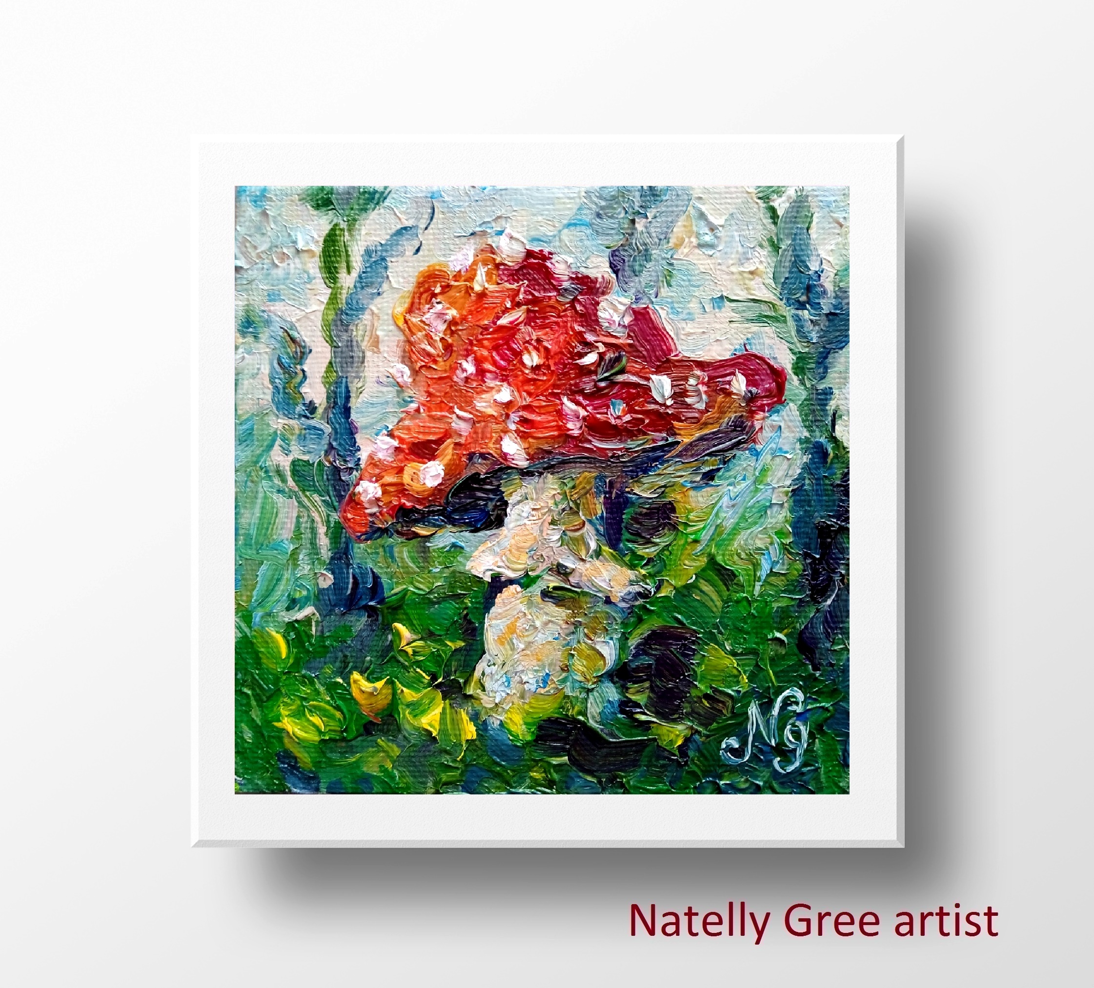 Mushroom Oil Painting Agaric Original Art Small Wall Art Impressionist Red Mushroom at Forest 10x10 Tiny Artwork