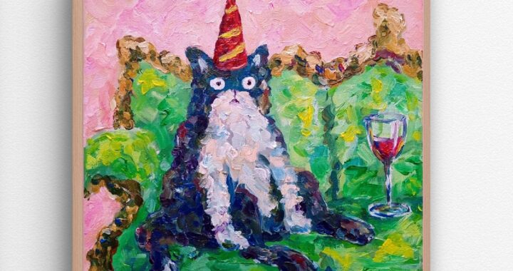 Funny Cat Oil Painting Cat with Wine on Sofa Original Art Canvas