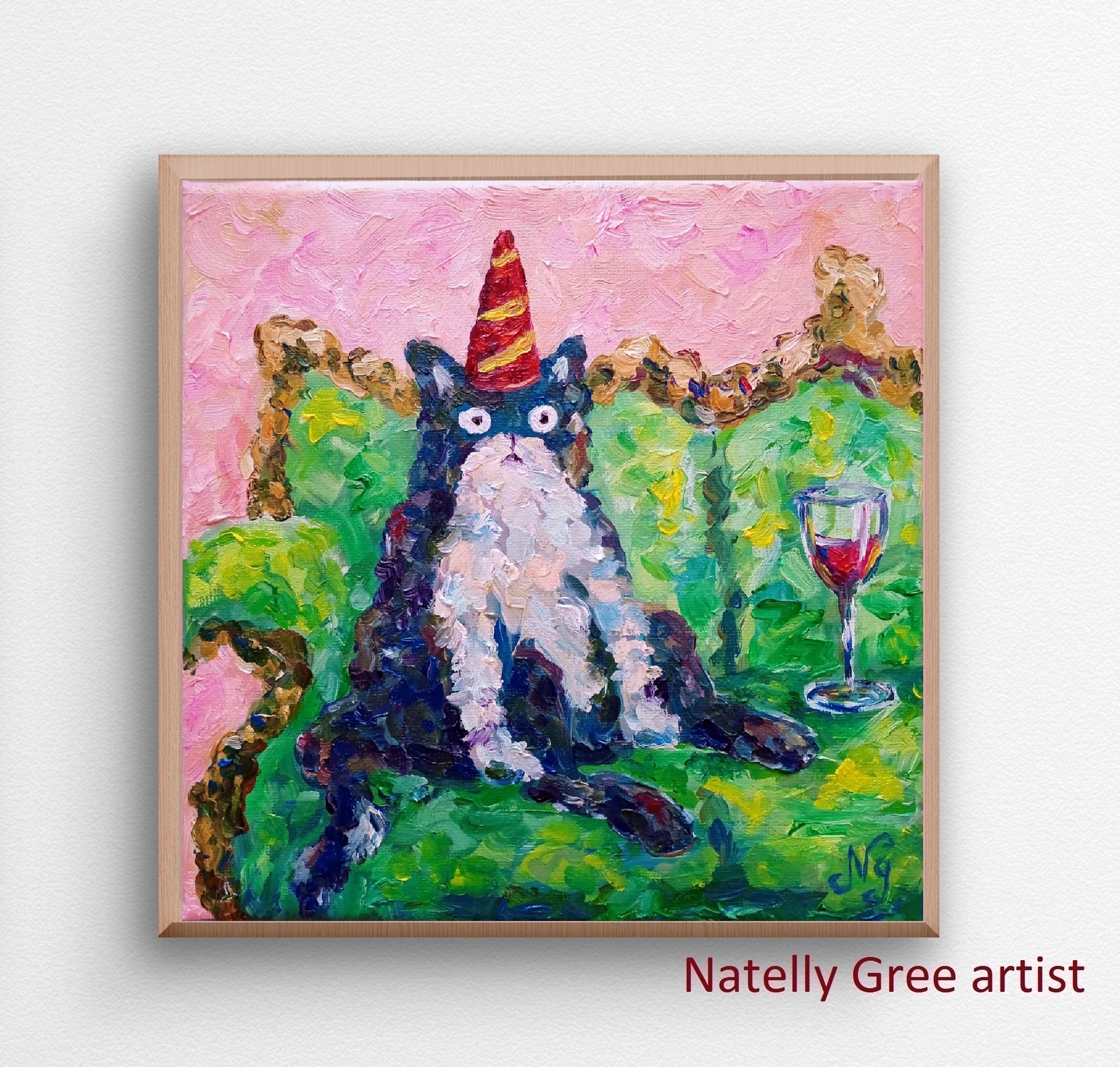Funny Cat Oil Painting Cat with Wine on Sofa Original Artwork Canvas Wall Art