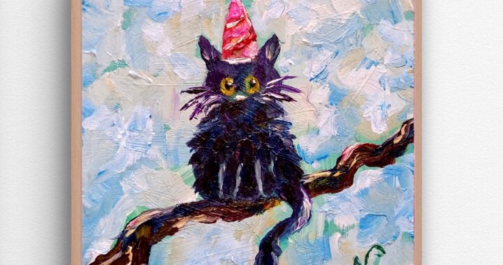 Tiny Cat Oil Painting Cat on Tree Original Wall Art Impressionist Pet Portrait