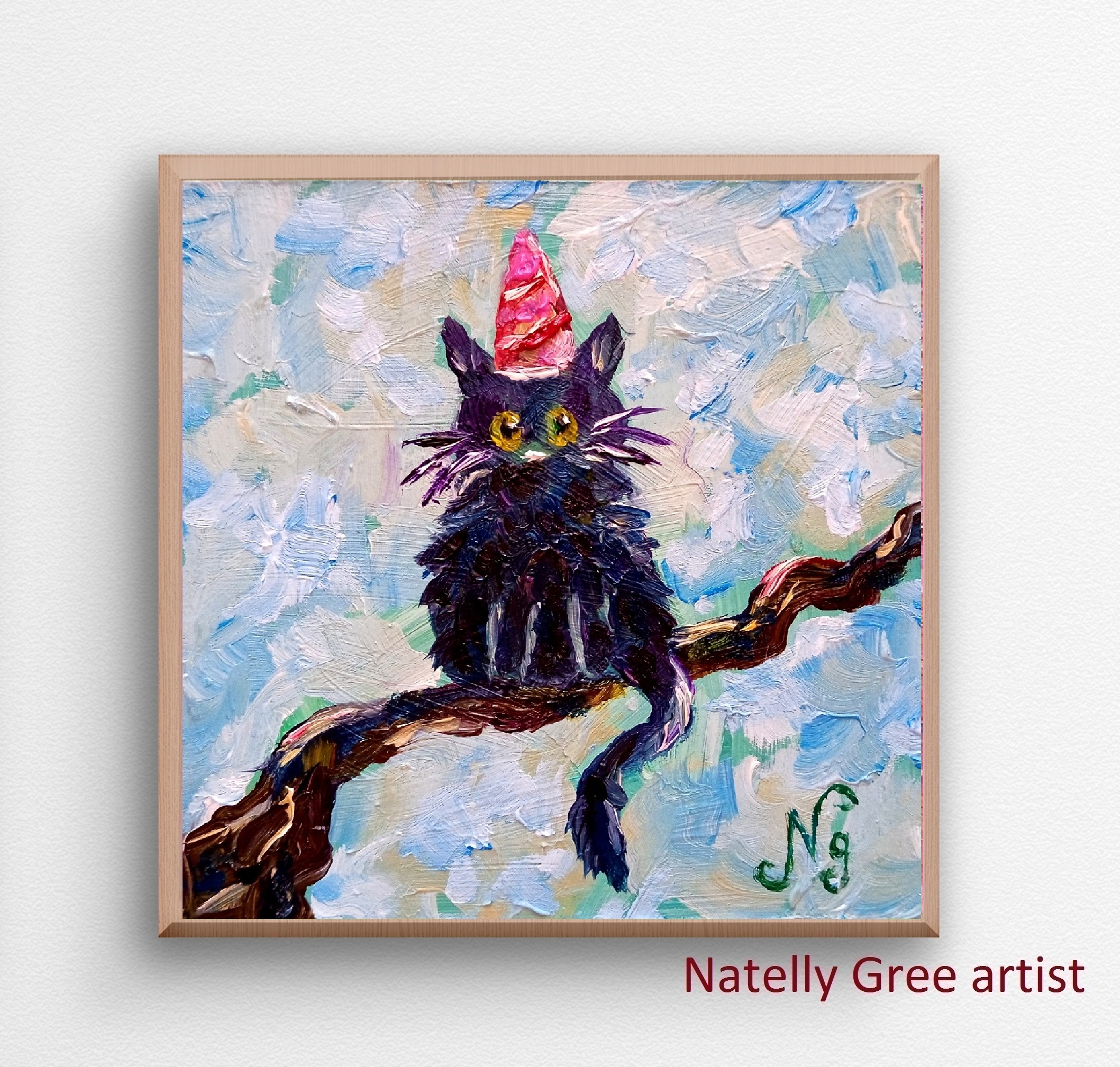 Tiny Cat Oil Painting Cat on Tree Original Wall Art Impressionist Pet Portrait Artwork for sale